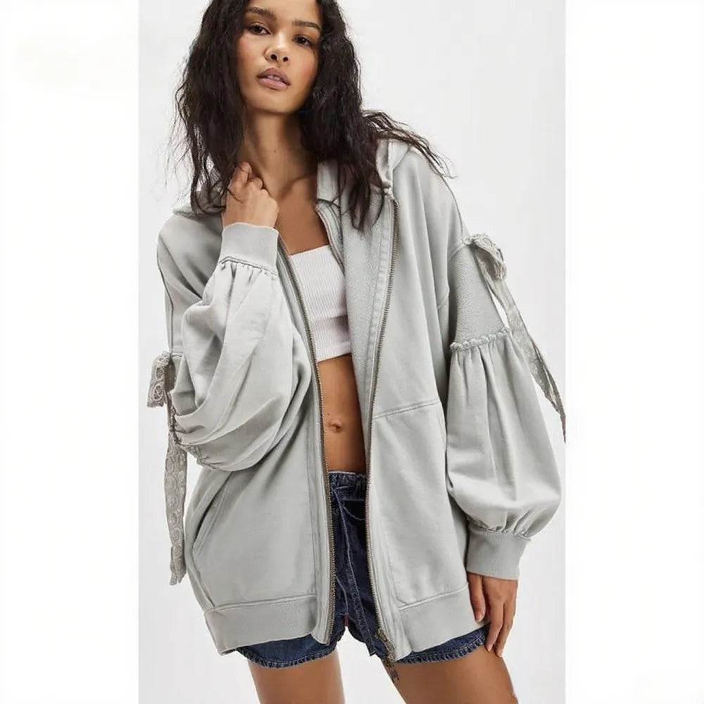 Women's Fall/Winter Zip Up Hoodies with Pockets Stylish Solid Bow Tie Long Sleeve Sweatshirt Jackets