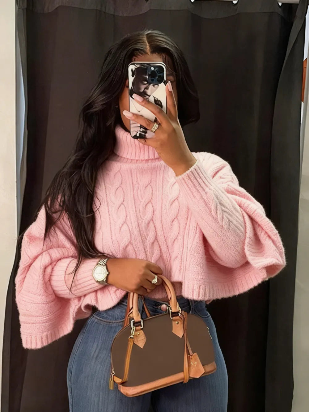 Women's Textured Split Sleeve Turtle Neck Cropped Sweater