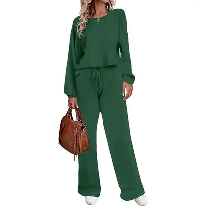 Women's two-piece set long sleeved pullover top with pockets wide leg pants casual set Pajama Loungewear Nightwear