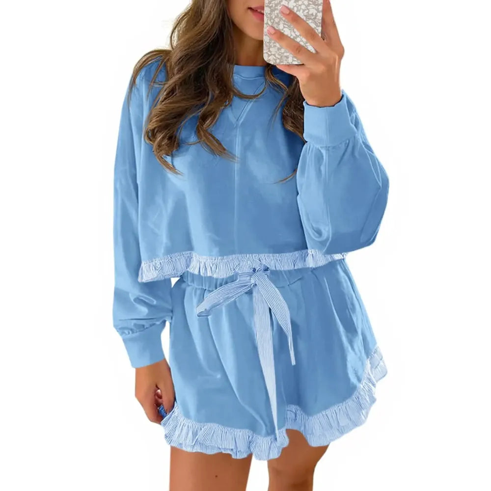Women's 2 Piece Lounge Sets Ruffle Color Block Cropped Sweatshirts