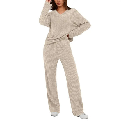 Women's 2 Piece Lounge Sets Ribbed Knit Long Sleeve V Neck Pullover Tops Wide Leg Pants Fall Winter Outfits