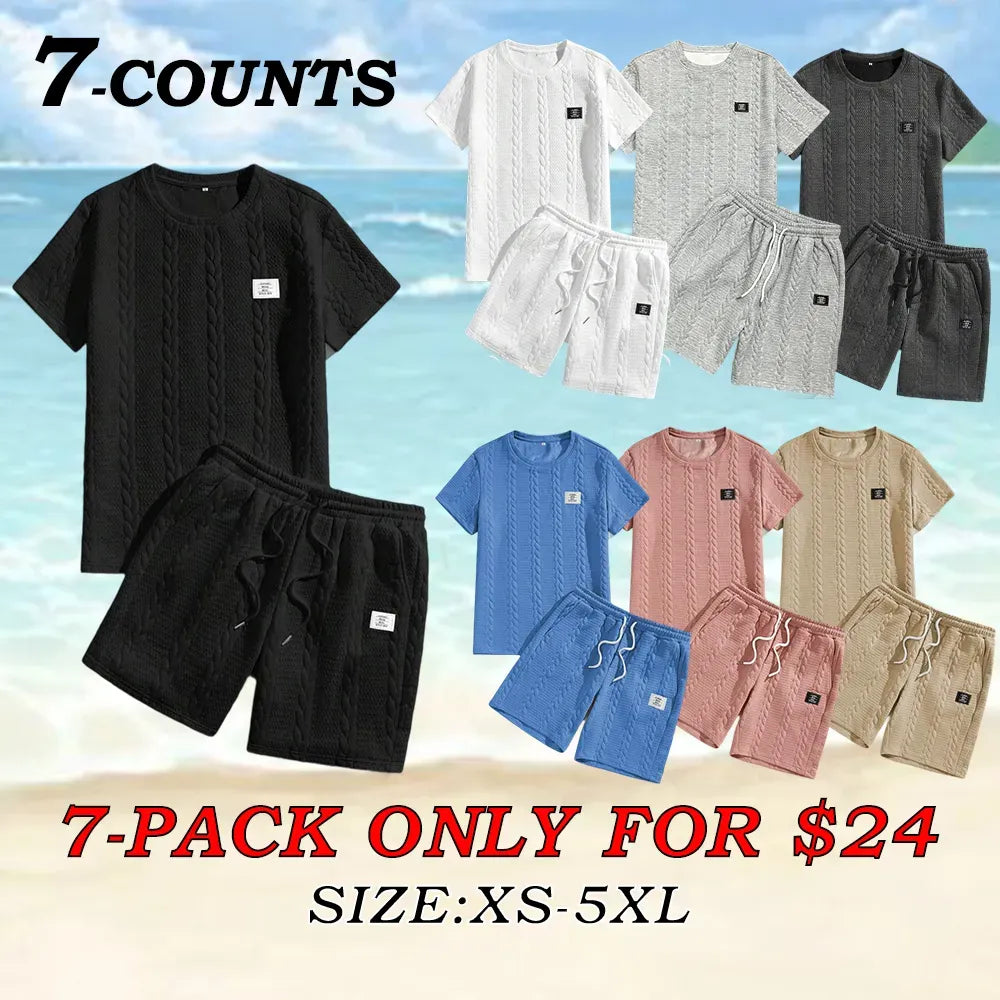 Men's Knit Casual Textured Patch Tee & Drawstring Shorts Set