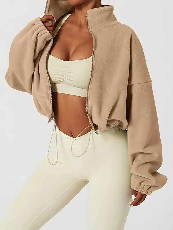 Women's Solid Color Zip Up Thermal Lined Sports Sweatshirt