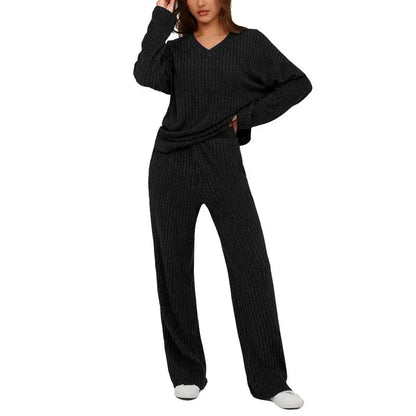 Women's 2 Piece Lounge Sets Ribbed Knit Long Sleeve V Neck Pullover Tops Wide Leg Pants Fall Winter Outfits