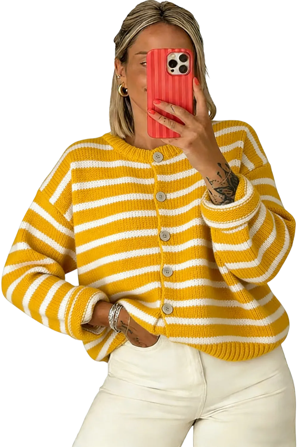 Women's striped button-up cardigan sweater