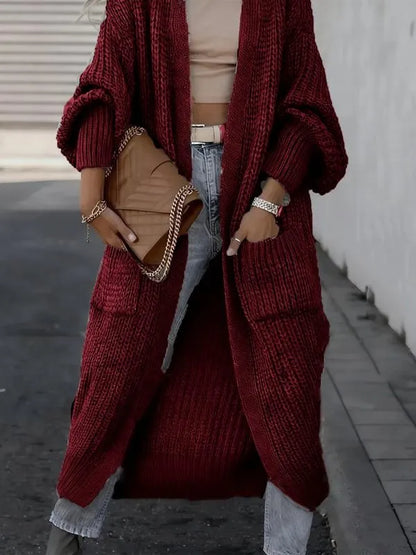 Women's Solid Drop Shoulder Long Cardigan, Casual Pocket Long Sleeve Cardigan,Sweaters for Women