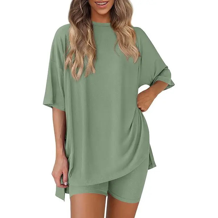 Women's Summer Two-Piece Set 2025 Casual Oversized Crewneck Split Hem Shirts & Side Pocket Biker Shorts Minimalist Lounge Wear Soft Viscose Fabric Comfy Homewear Cozy Pjs