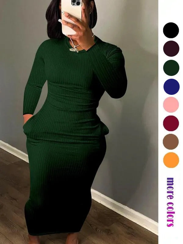 Women's Solid Pocket Long Sleeve Bodycon Dress