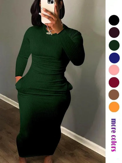 Women's Solid Pocket Long Sleeve Bodycon Dress
