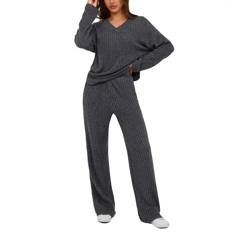 Women's 2 Piece Lounge Sets Ribbed Knit Long Sleeve V Neck Pullover Tops Wide Leg Pants Fall Winter Outfits