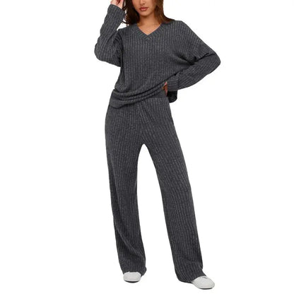 Women's 2 Piece Lounge Sets Ribbed Knit Long Sleeve V Neck Pullover Tops Wide Leg Pants Fall Winter Outfits