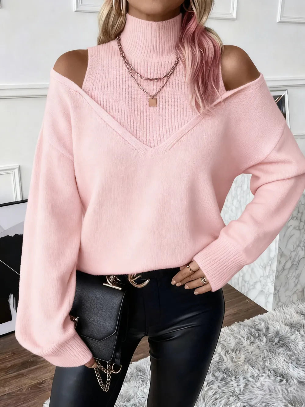 Women's Plain Cut Out High Neck Sweater