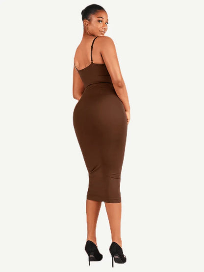 Seamless Spaghetti Strap V Neck Maxi Dress with Built-in Bodycon