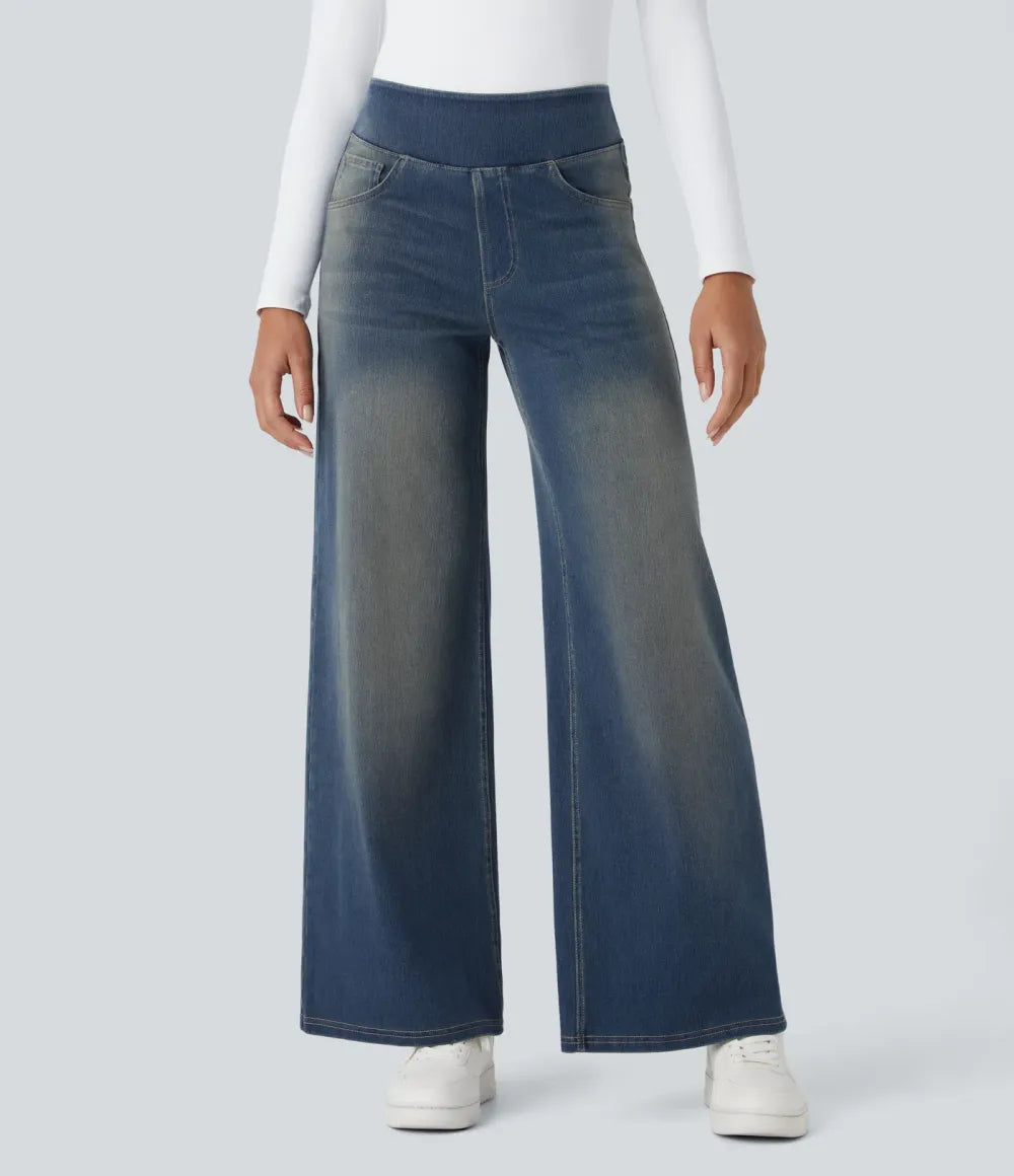 💝Last Day Promotion⚡High Waisted Multiple Pockets Baggy Wide Leg Washed Stretchy Knit Casual Jeans