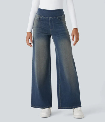 💝Last Day Promotion⚡High Waisted Multiple Pockets Baggy Wide Leg Washed Stretchy Knit Casual Jeans