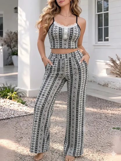 2pcs Women's Off Shoulder Top & Pants Striped Set