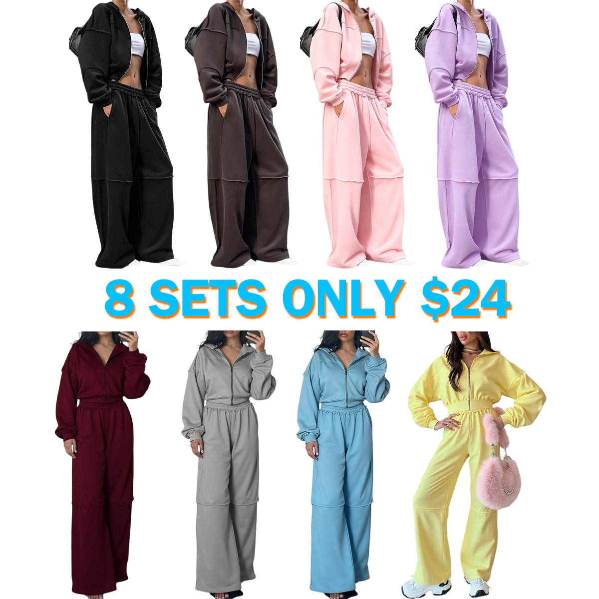 Women's Solid Zip Up Hooded Sweatshirt & Pocket Elastic Waist Pants Two-piece Set