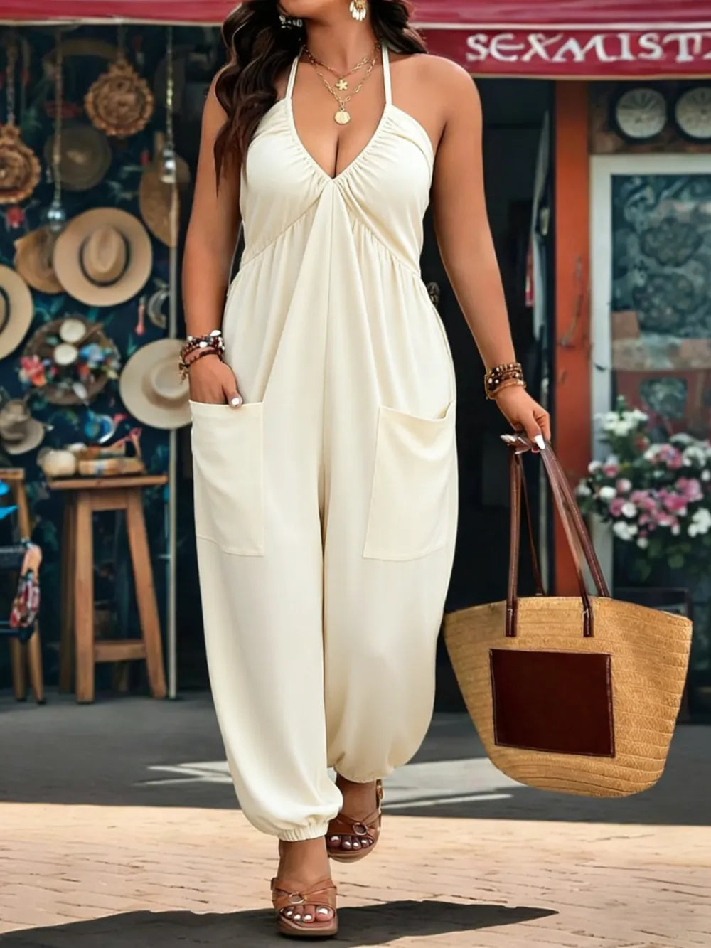 【Plus Size】 Solid Color Pocket Jumpsuit