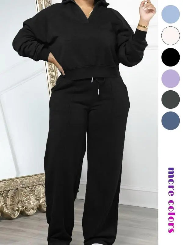 Women's Solid Long Sleeve Sweatshirt & Drawstring Waist Pants Set, Casual Fashion