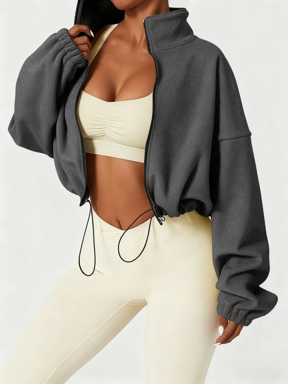 Women's Solid Color Zip Up Thermal Lined Sports Sweatshirt