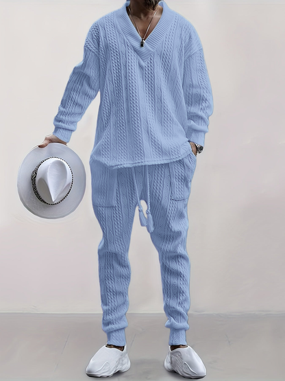 Mens V Neck Sweatshirt Jacquard Tracksuit 2 Piece Men Baggy Sweatsuit Sets Men's Jogging Tracksuit Set Outfit for Men