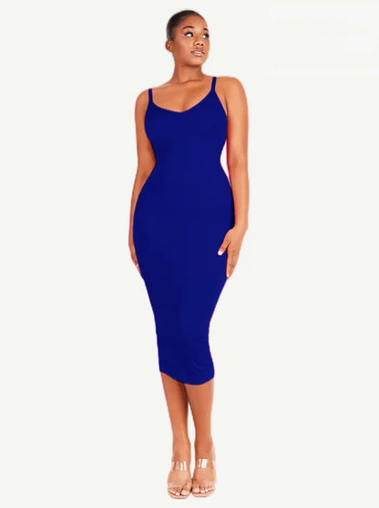 Seamless Spaghetti Strap V Neck Maxi Dress with Built-in Bodycon