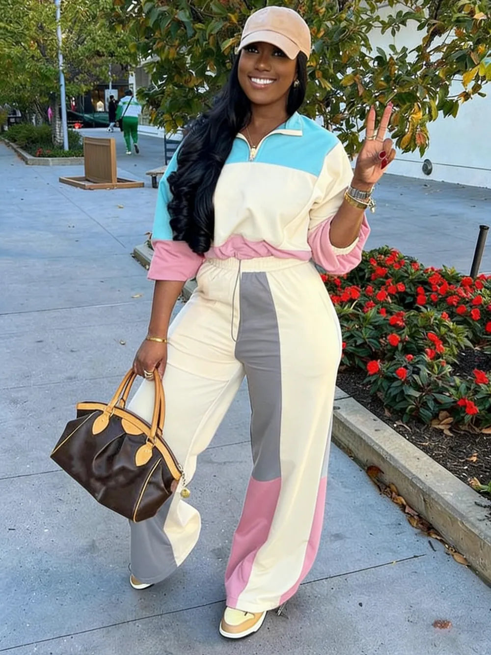 Set Women's Colorblock Zip Up Jacket & Wide Leg Pants