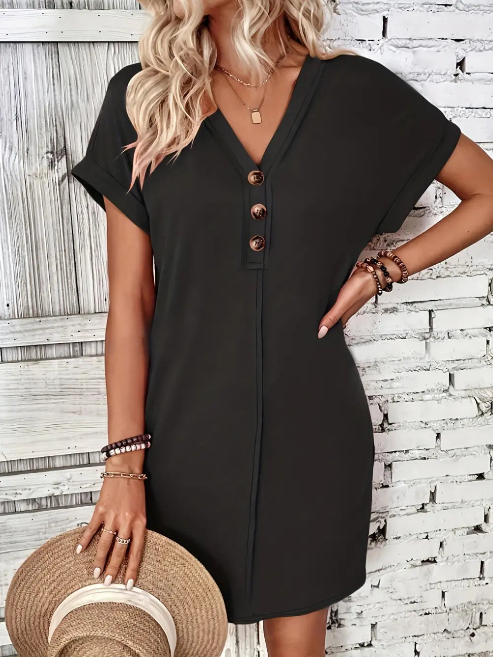Women's Plain Button V Neck Tee Dress