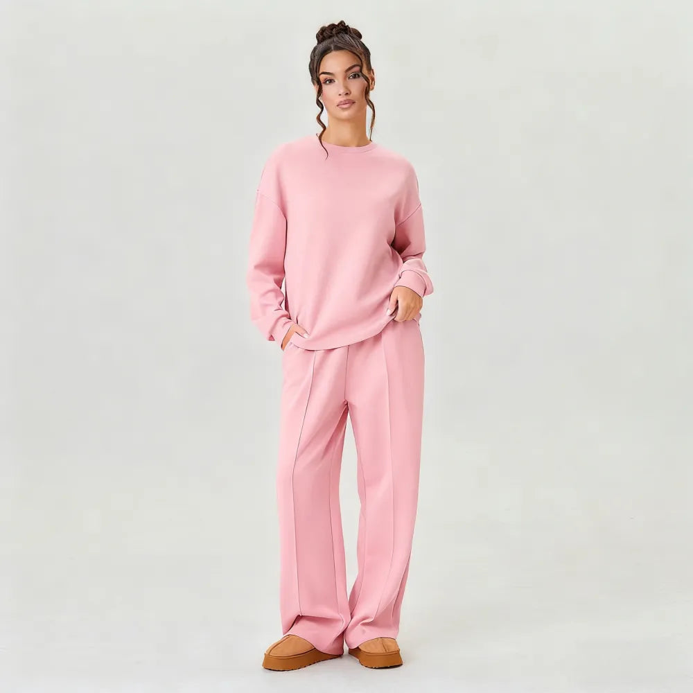 Women's Casual Solid Color Loose Long Sleeve Top & Exposed Stitches Trousers Co-ord