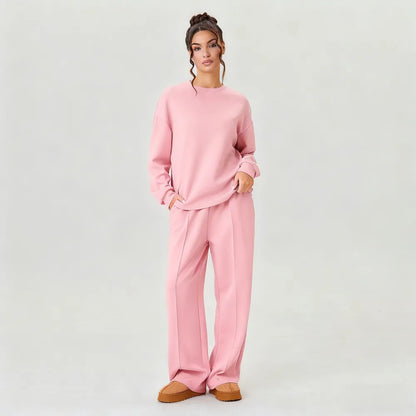 Women's Casual Solid Color Loose Long Sleeve Top & Exposed Stitches Trousers Co-ord