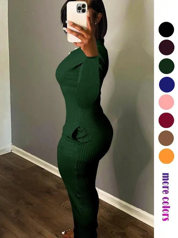 Women's Solid Pocket Long Sleeve Bodycon Dress