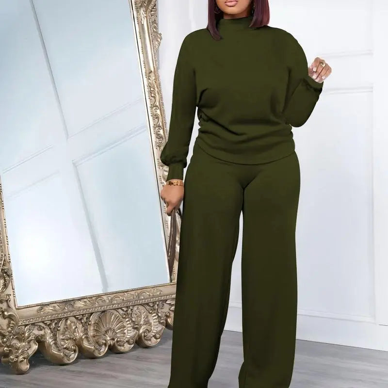 Women Fall Winter Long Sleeve Semi High Neck Loose Top & Wide Leg Pants