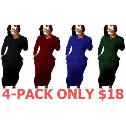 Women's Solid Pocket Long Sleeve Bodycon Dress