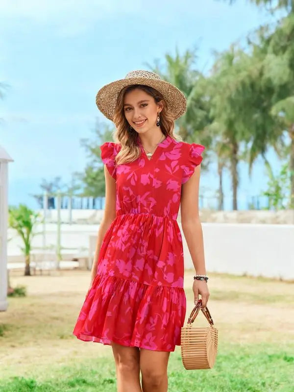 Women's Floral Printed Ruffle Sleeve Tiered Mini Dress