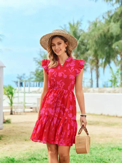 Women's Floral Printed Ruffle Sleeve Tiered Mini Dress