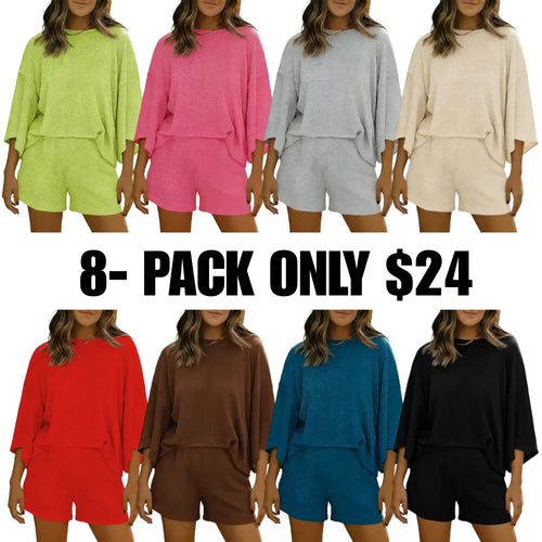 Womens Short Sets 2 Piece Sleeve Tops and Elastic Waist Shorts