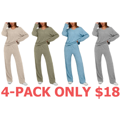 Women's 2 Piece Lounge Sets Ribbed Knit Long Sleeve V Neck Pullover Tops Wide Leg Pants Fall Winter Outfits