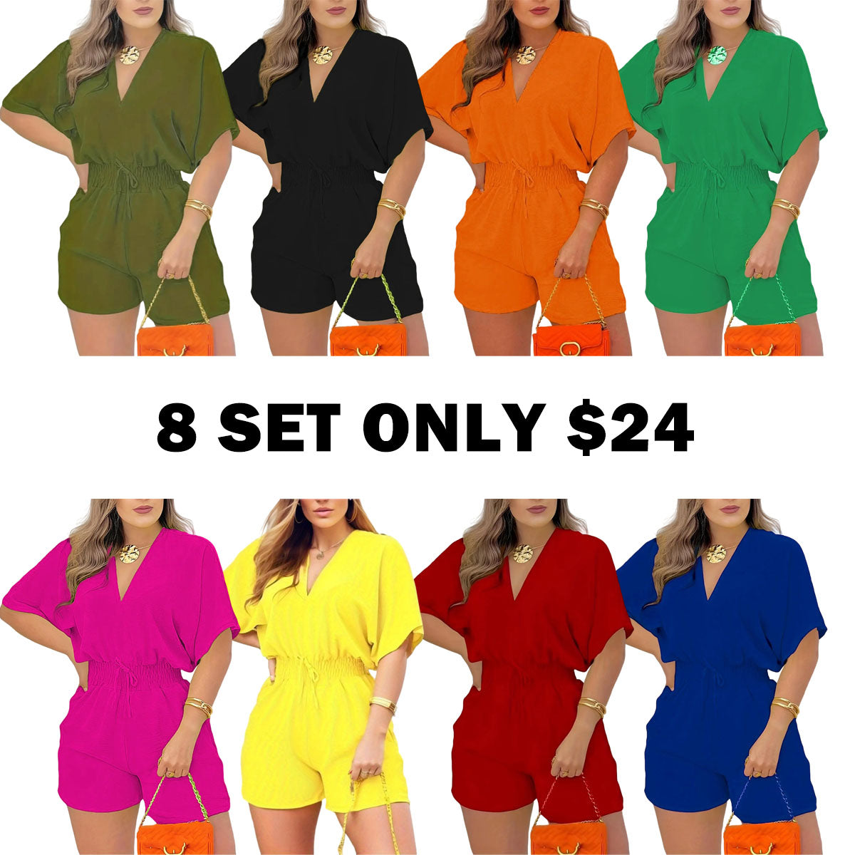 Women's Plain Drawstring Shirred Waist V Neck Romper