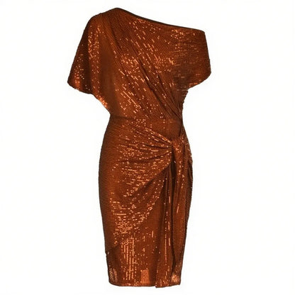 Women Sequined Party Dress Short Sleeve Asymmetric Off Shoulder Bodycon Dress