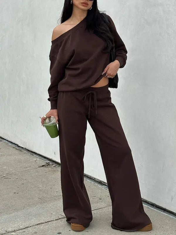 Women Off the Shoulder Long Sleeve Jumper & Pants 2 Piece Set Casual Fall Sweatsuit Outfits Jumper Suit