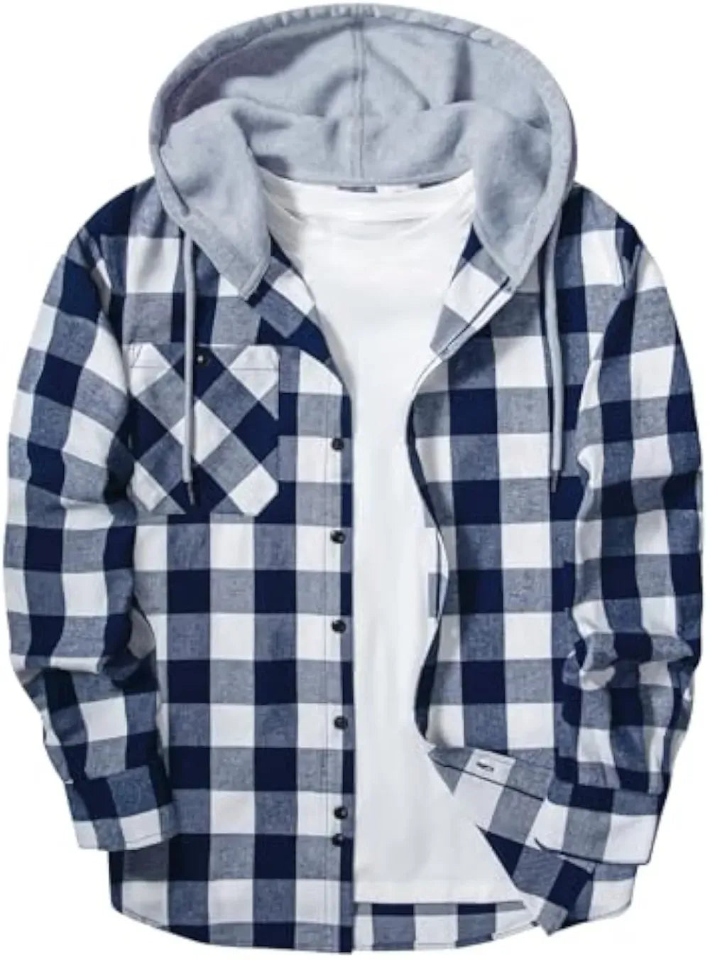 Men’s Plus Size Plaid Patchwork Hooded Jacket – Button Front Casual Outerwear with Pockets