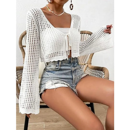 Women's Plain Hollow Out Tie Front Crop Cardigan