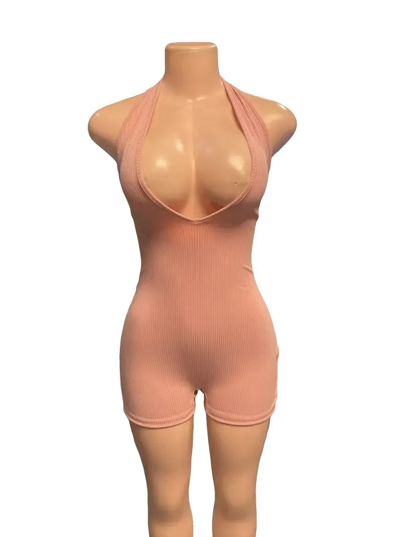 Women's Solid Color Halter Neck Sleeveless Bodycon Romper