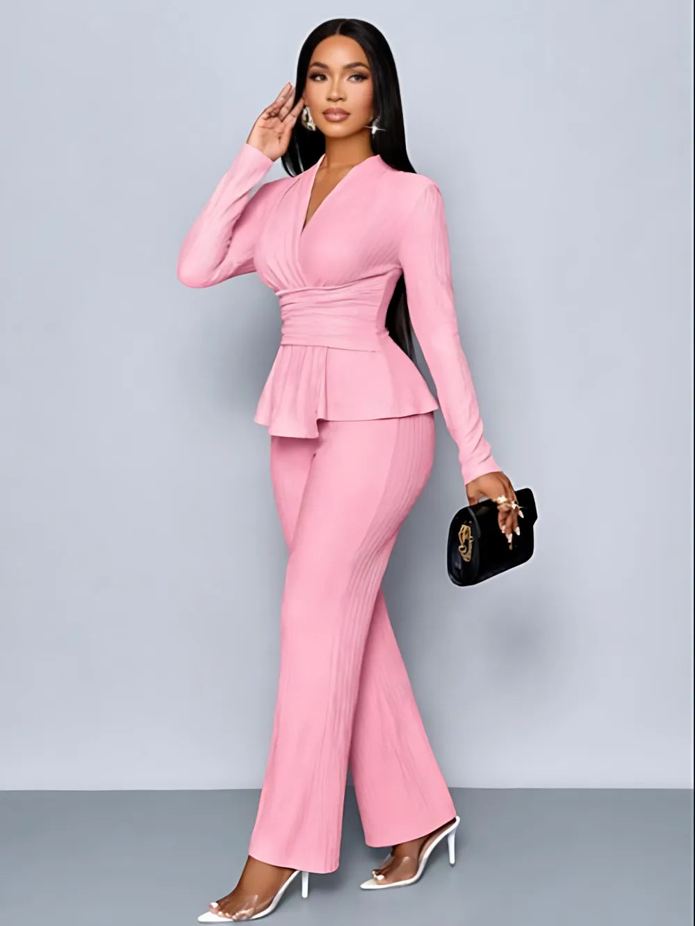 Women's Solid-Color Elegant V-Neck Long-Sleeve and Wide-Leg Pants Set