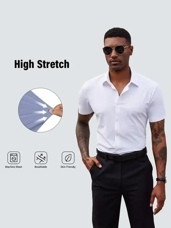 Men's Short Sleeve Stretch Slim Fit Casual Button Down Shirts