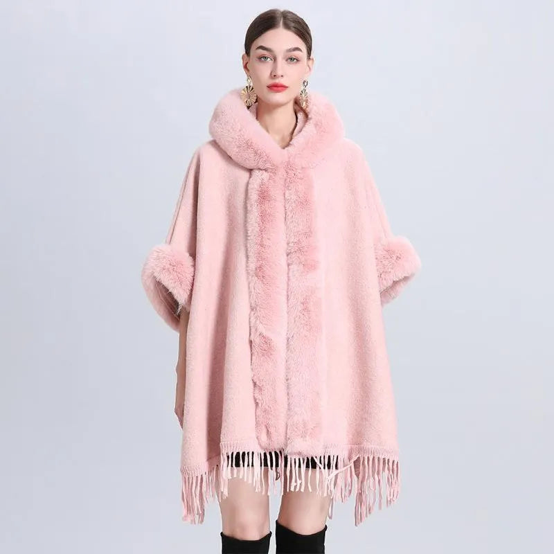 Women's Poncho With a Hoodie and Fringes