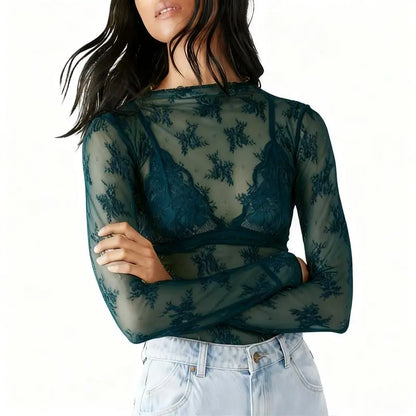 Women's Lace Blouse, Mesh Long-Sleeve Floral Lace Shirt