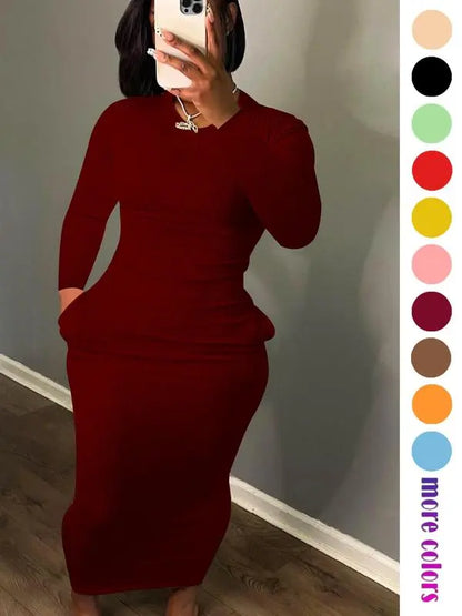 Women's Solid Pocket Long Sleeve Bodycon Dress