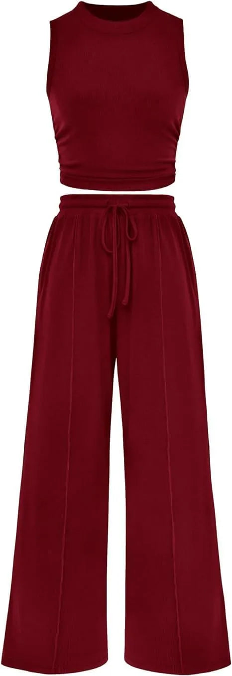 Women Summer 2 Piece Outfits Ribbed Knit Cropped Top Elastic Waist Wide Leg Pants Lounge Set