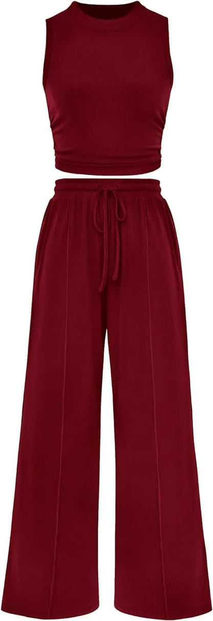 Women Summer 2 Piece Outfits Ribbed Knit Cropped Top Elastic Waist Wide Leg Pants Lounge Set